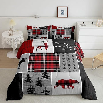 Deer Antlers Bear Kids Comforter Set Twin Size,Plaids Boho Arrows Patchwork Bedding Set for Boys Girls Adults Room Decor,Rustic Adventure Xmas Down Comforter,Red Retro Duvet Insert,1 Pillowcase