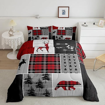Deer Antlers Bear Kids Comforter Set Full Size,Plaids Boho Arrows Patchwork Bedding Set for Boys Girls Adults Room Decor,Rustic Adventure Xmas Down Comforter,Red Retro Duvet Insert,2 Pillowcases