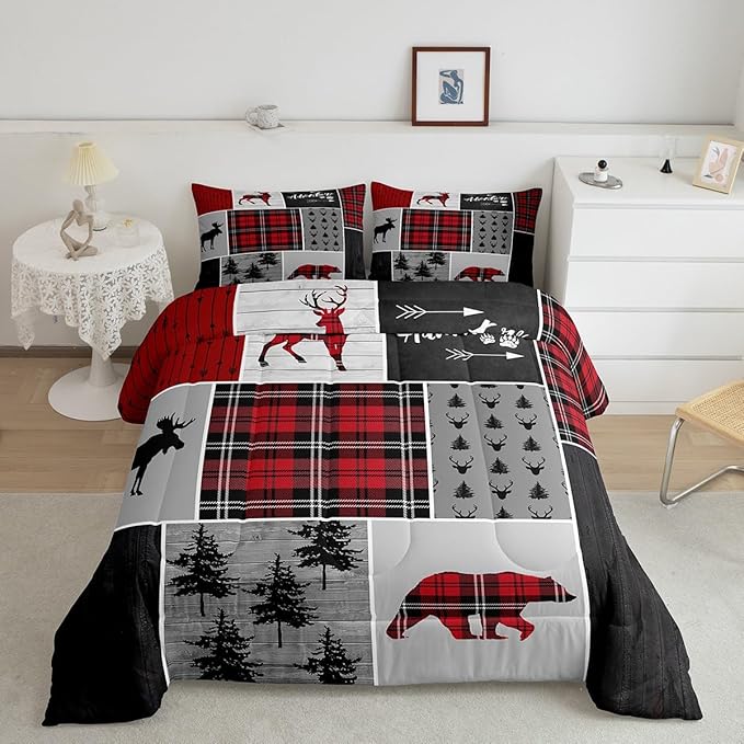 Deer Antlers Bear Kids Comforter Set Queen Size,Plaids Boho Arrows Patchwork Bedding Set for Boys Girls Adults Room Decor,Rustic Adventure Xmas Down Comforter,Red Retro Duvet Insert,2 Pillowcases