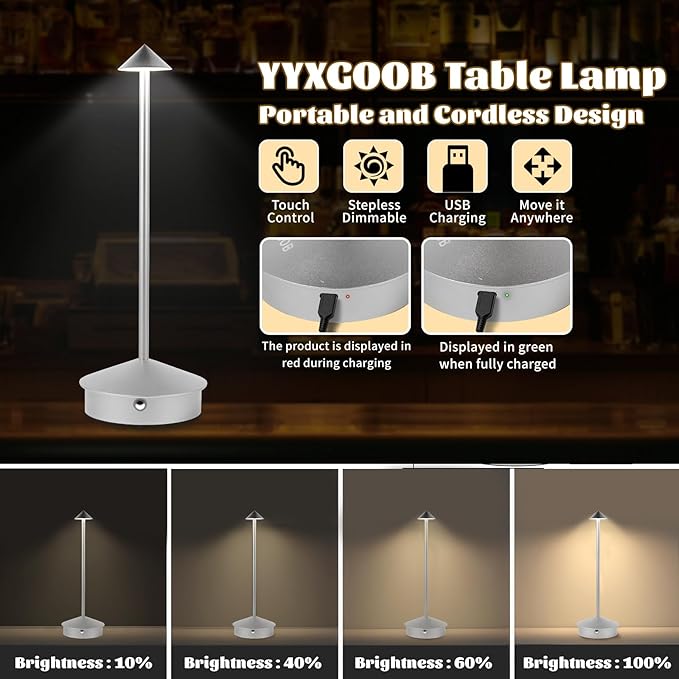 Rechargeable Battery Operated Desk Lamp with Touch Sensor Cordless Portable LED Table Lamp， Three-Level Dimmable Suitable for Bars/Cafes/Restaurants/Bedrooms/Camping Sites (Silver)