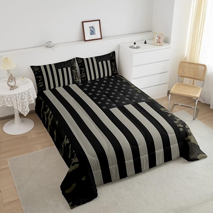 American Flag Comforter Set King Military Camo Down Comforter,Retro Army Green Camouflage USA Flag Bedding Set for Kids Boys Teens Men Bedroom,Black Grey Stars Stripes Quilt Duvet Set 2 Pillow Cases