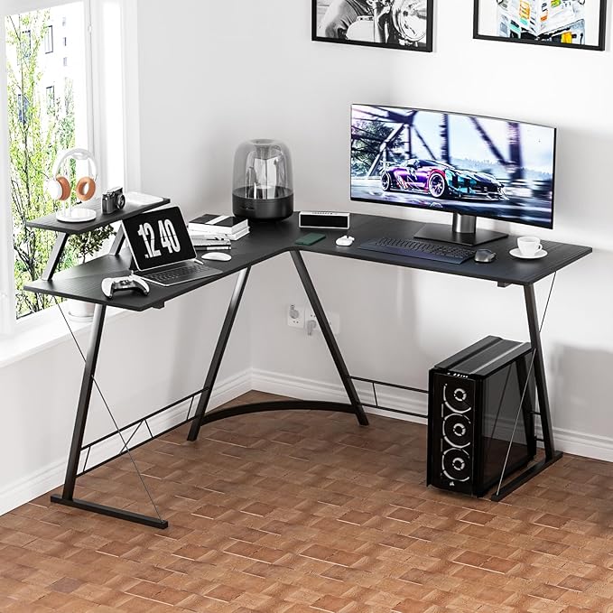 MoNiBloom L Shaped Gaming Desk Computer Corner Table with Metal Frame, L Desk Workstation for Home Office, Space-Saving, Black