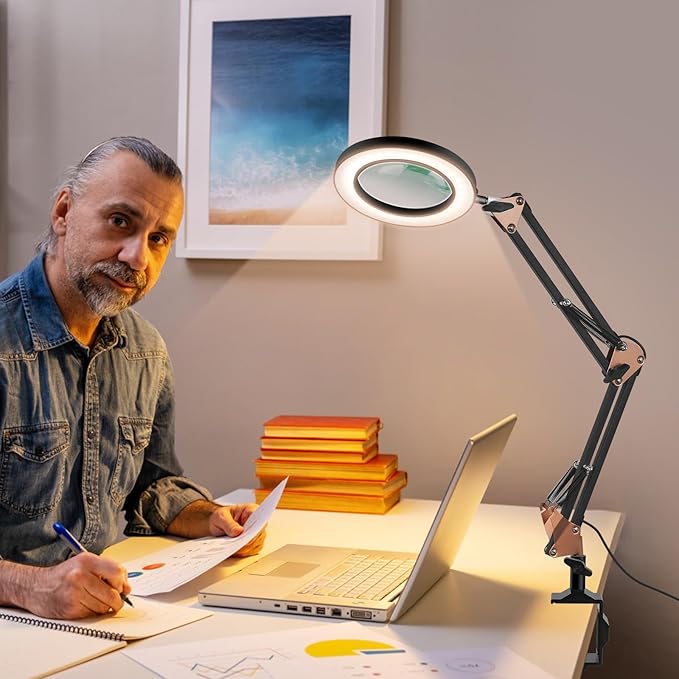 Magnifying Glass with Light, 5 Color Modes Stepless Dimmable 2-in-1 Desktop Lamp and Clamp, LED Lighted Magnifier with Light and Stand, Hands Free for Craft Repair Hobby Painting Close Work