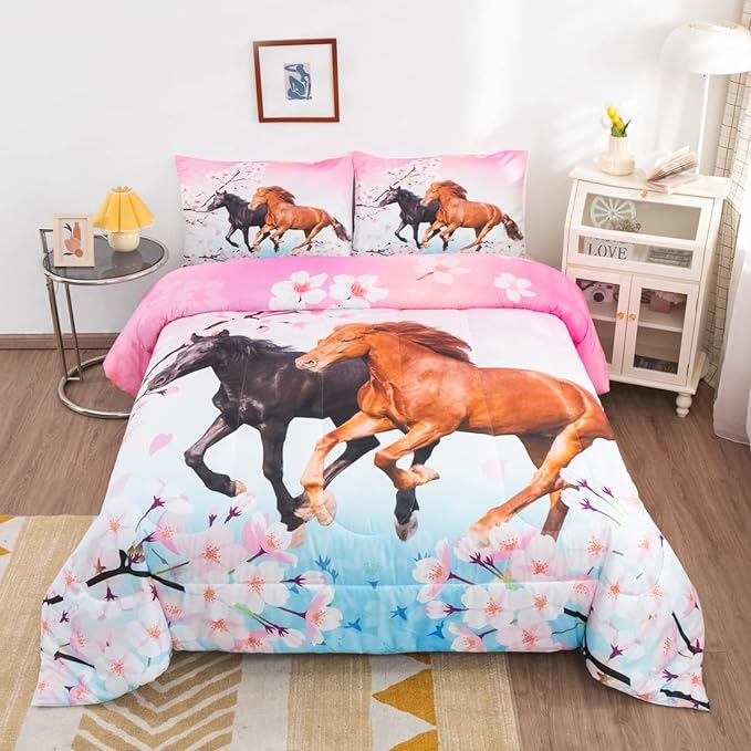 Feelyou Kids Horse Bedding Set for Girls Queen Size Chic Cherry Blossom Comforter Set for Horse Lover Gift Galloping Horse Printed Comforter 3D Wild Animal Duvet Set Bedroom Decor Quilt Set 3Pcs