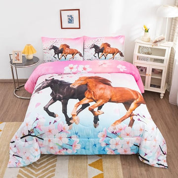 Feelyou Girls Horse Bedding Set Twin Size Galloping Horses Comforter Set for Kids Teens Cherry Blossom Comforter 3D Wild Animal Duvet Set Farmhouse Bedroom Decor Quilt Set 2Pcs