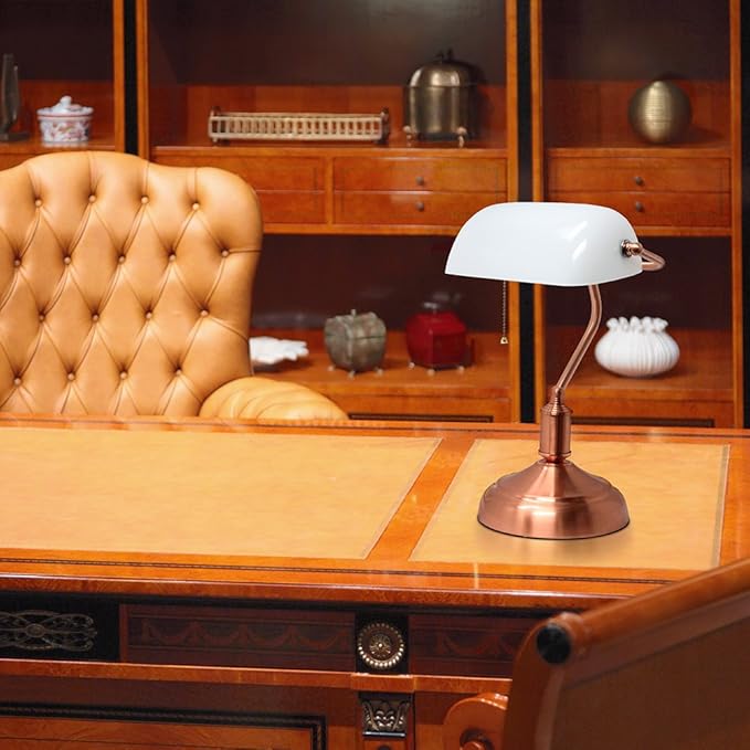Simple Designs LT3216-RGD Executive Banker's Desk Lamp with White Glass Shade, Rose Gold