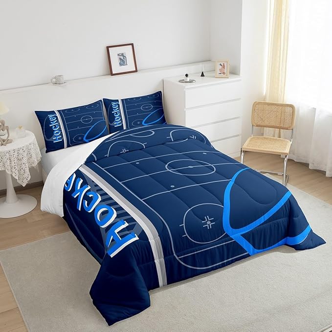Feelyou Kids Ice Hockey Comforter Set Twin Size Ice Sports Games Bedding Set for Boys Girls Teens Bedroom Decor Hockey Player Comforter Puck Hockey Duvet Set with 1 Pillow Case