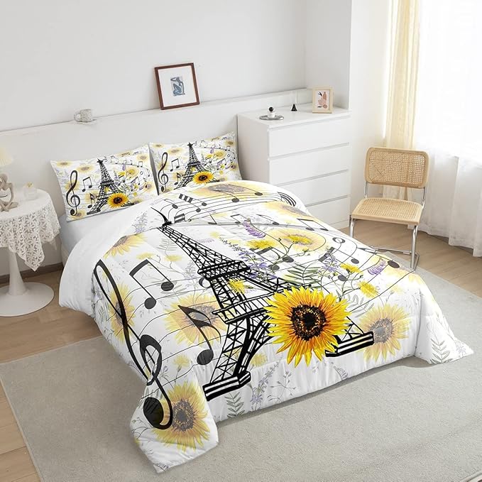 Feelyou Eiffel Tower Kids Comforter Set Cute Sunflower Bed Sheet Set for Boys Children Teens Bedroom Decor Paris Tower Bedding Set Set Floral Music Themed Bed Cover Queen Size with 3 Pillow Case