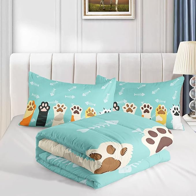 Datura home Cat Paws Comforter Bedding Set for Kids Teens,Cartoon Cat Paws and Fish Bones Pattern Lightweight Cyan Comforter with 2 Pillowcases,3pcs(Cat Paws Queen)