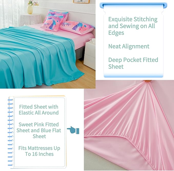 RYNGHIPY Mermaid Kids Girls Comforter Set Twin Size Pink Blue Gradient Fish Tail Bed in a Bag - includes Comforter & Sheet Set for Teens Girls Super Soft Kids Bedding