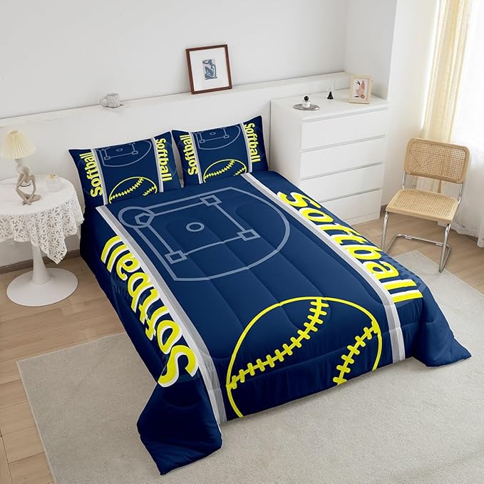 Feelyou Kids Softball Comforter Set Queen Size Sports Game Bedding Set for Boys Girls Teens Bedroom Decor Baseball Comforter Softball Gaming Theme Duvet Set with 2 Pillow Case