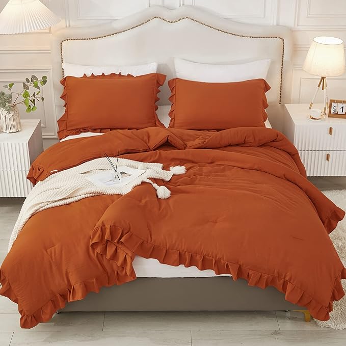 Andency Terracotta Ruffle Comforter Full(79x90Inch), 3 Pieces(1 Ruffled Comforter and 2 Pillowcases) Solid Farmhouse Shabby Chic Comforter, Vintage Rustic Soft Microfiber Bedding Set