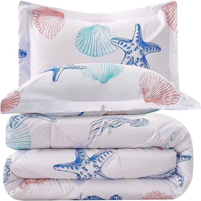 JSD Beach Theme 2 Piece Twin Kids Comforter Set, Jellyfish Starfish Shell Printed Comforter with Pillow Sham, Soft Comfortable Machine Washable