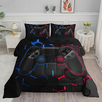 Axolotl Gamer Comforter Sets Queen,Geometric Honeycomb Gaming Bedding Sets,Video Games Comforter,Gaming Bedding Set,Game Console Comforter Set for Kids Boys Girls Teens,1 Quilt 2 Pillowcases,Blue Red