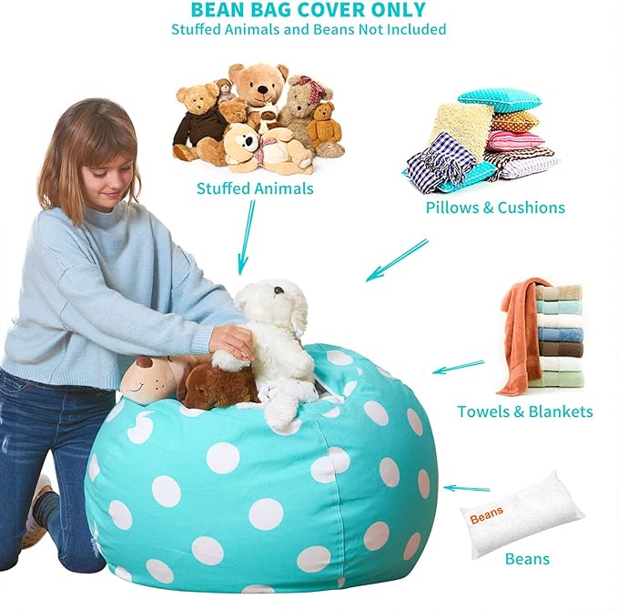 Aubliss Stuffed Animal Bean Bag Storage Chair, Beanbag Covers Only for Organizing Plush Toys, Turns into Bean Bag Seat for Kids When Filled, X-Large 48"-Canvas Dot Light aqua