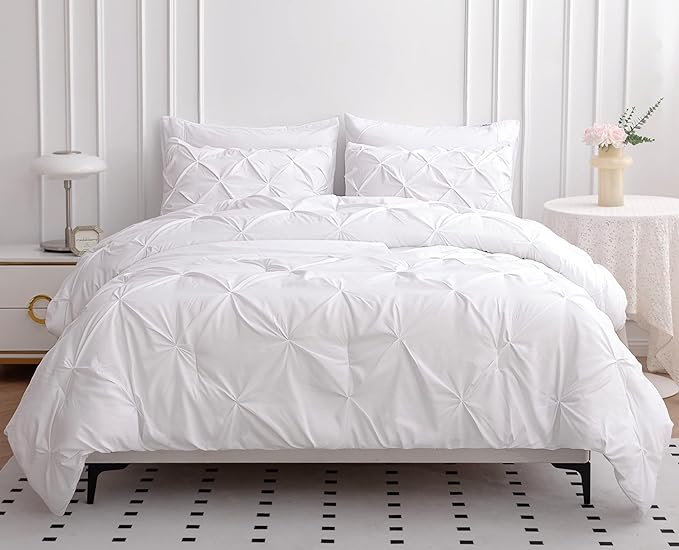 LANE LINEN White Bed Comforter Set King Size, 7 Piece White Bed in a Bag King Size Set, Soft King Bedding Sets, Pintuck King Size Bed Set, King Size Bed Comforter Set with Sheets, Pillowcases & Shams