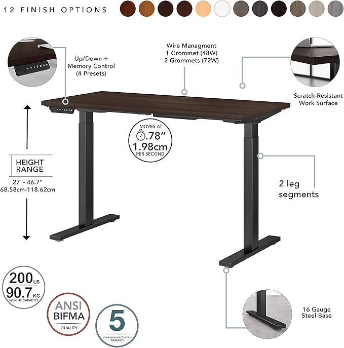 Bush Business Furniture Move 60 Electric Ergonomic Sit-Stand Computer Table for Home and Professional Office, 72W x 30D, Black Walnut