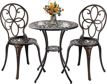 Patio Bistro Sets 3 Piece, Outdoor Bistro Table and Chairs Set of 2 with Umbrella Hole, Cast Aluminum Bistro Set, Patio Furniture for Yard Garden Porch, Bronze
