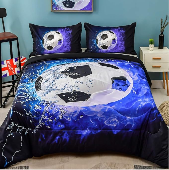 Andency Soccer Comforter Twin(66x90 Inch), 2 Pieces(1 Soccer Comforter, 1 Pillowcase) Blue Flame Soccer Comforter Set Sport Microfiber Bedding Set for Boy Girl Kids, Teen