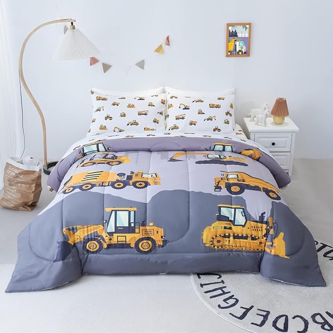 Full Size Comforter Set for Boys, 4-Piece Bed in a Bag, 3D Construction Bedding Comforter Sheet Set, Ultra Soft and Fluffy, Cartoon Truck Cars