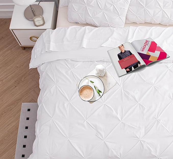 LANE LINEN Twin Comforter Set, 5 Piece Twin Bedding Sets, Ultra Soft Pintuck Twin Bed in a Bag Set with Down Alternative Comforter, Sheets, Pillowcase & Sham, Pinch Pleated Kids Bedding Set - White
