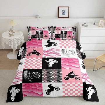 Motocross Comforter Set, Dirt Bike Bedding Sets & Collections Queen, Motorcycle Rider Down Comforter For Kids Boys Girls, Motorbike Extreme Sport Game Comforter Set, Buffalo Plaid, Pink Grey Black