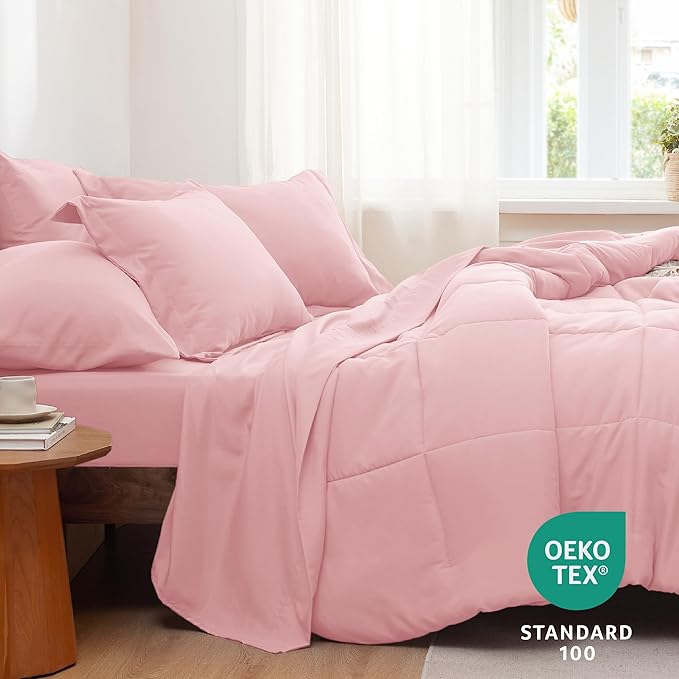 Bedsure Pink Queen Comforter Set - 7 Pieces Solid Queen Bed in a Bag, Queen Bed Set Pink with Comforters, Sheets, Pillowcases & Shams