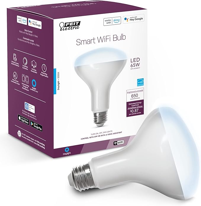 Feit Electric Smart BR30 Wifi Bulb, 5000K Daylight, 2.4GHz WIFI, No Hub Needed, Works with Alexa and Google Home Assistant, App Control, Dimmable, 65W Equivalent, Flood Light Smart Bulb, BR30/950CA/AG