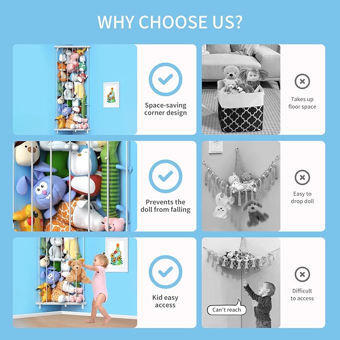 Stuffed Animal Storage Toy Organizer: Corner Stuff Animals Holder for Wall with LED Light - Kids Plush Toys Storage with Adjustable Length for Nursery Playroom Bedroom Kids Room(Gray)