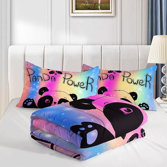 Datura home Bedding Comforter Set Rainbow Kawaii Cute Panda Printed Pattern with 1 and 2 Pillowcases for Girls Bedroom All Season(Panda Queen) Queen 90x90inches
