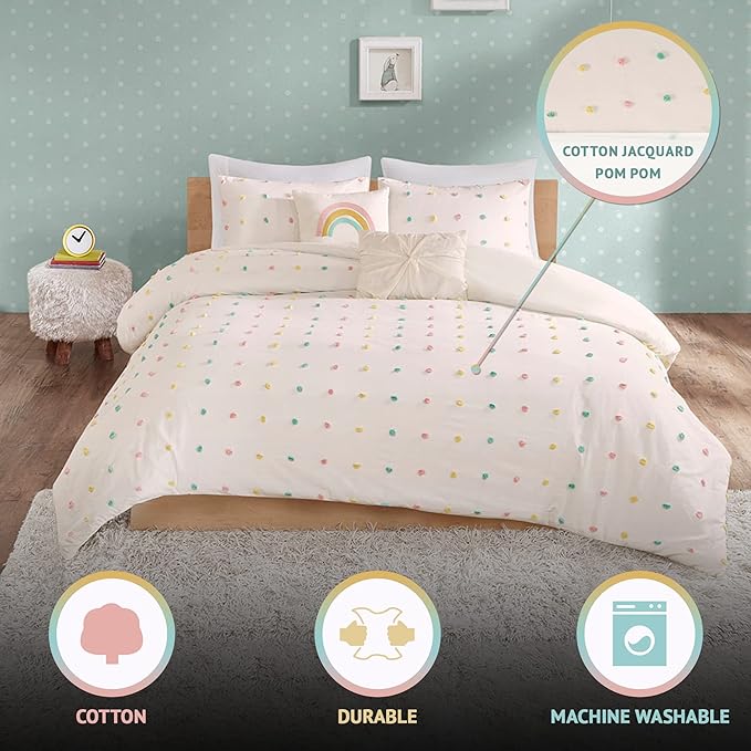 Duvet Cotton Jacquard Weave Colorful Poms Accent, Shabby Chic Cover for Comforter Cozy Bedding Set, Matching Shams, Decorative Pillows, Full/Queen, Multi, Twin/Twin XL, 4 Piece