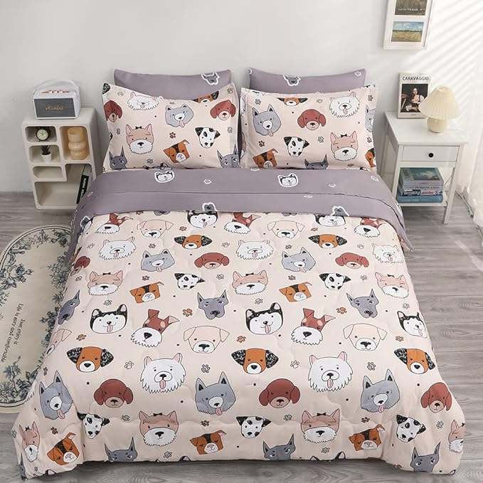 7 Piece Kids Dog Comforter Twin Size Cute Animal Dog Bedding Set Bed in A Bag for Boys Girls All Season (1 Comforter, 1 Flat Sheet, 1 Fitted Sheet, 2 Pillowcase and 2 Pillow Sham)