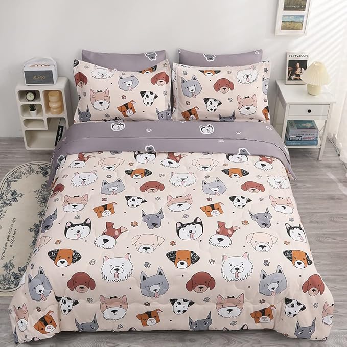 7 Piece Kids Dog Comforter Full Size Cute Animal Dog Bedding Set Bed in A Bag for Boys Girls All Season (1 Comforter, 1 Flat Sheet, 1 Fitted Sheet, 2 Pillowcase and 2 Pillow Sham)