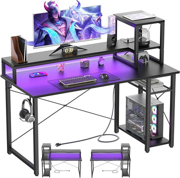Gaming Desk with Lights & Power Outlets, 39.4' Computer Desk with Shelves, Small Desk for Small Space, Writing Desk with Monitor Stand, Black