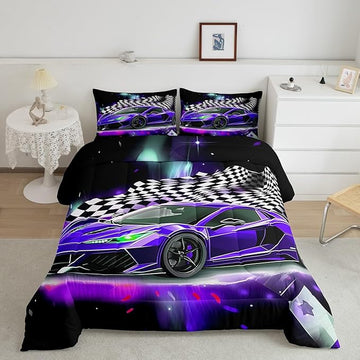 Purple Race Car Comforter Set Full Size, Black White Lattice Bedding Set 2pcs for Kids Boys Teens Room Decor,Extreme Sport Games Quilt Set,Cool Modern Duvet Insert with 2 Pillowcases
