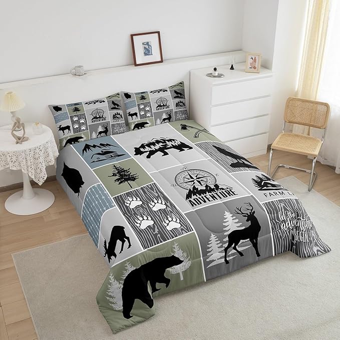 Rustic Farmhouse Cabin Kids Comforter Set Twin Size,Deer Bear Hunting Adventure Bedding Set for Boys Girls Adults Room Decor,Geometric Plaids Down Comforter,Gray Green Duvet Insert,1 Pillowcase