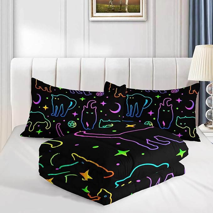 Black Cat Bedding Cartoon Cat Comforter Set Full,Moon Stars Printed Kids Bedding Set for Boys Girls Adults Room Decor,Kids Comforter Set All Season,1 Quilt 2 Pillow Cases,Neon Color Purple Blue Green