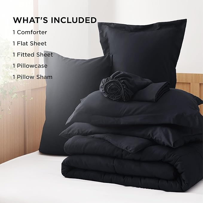 Bedsure Black Twin Comforter Set - 5 Pieces Solid Twin Bed in a Bag, Twin Bed Set Black with Quilted Warm Fluffy Comforters, Sheets, Pillowcase & Sham
