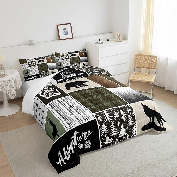 Camper Adventure Kids Comforter Set Twin Size,Deer Antlers Bear Paws Rustic Farmhouse Bedding Set for Boys Girls Adults Room Decor,Atzec Arrows Boho Down Comforter,Camo Duvet Insert,1 Pillowcase