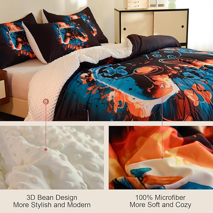 Video Game Twin Size Comforter Set for Boys Kids Teens Gamepad Gaming Controller and Fire Pattern Bedding Set- 3 Piece Quilt with 2 Pillowcases (68"x90")
