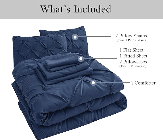 Lane Linen Bedding Comforter Set Full Size, 7 Piece Full Size Bed in a Bag Set, Soft Bedding Sets Full Size, Pintuck Full Bed Set, Full Size Comforter Sets with Sheets, Pillowcases & Shams - Navy Blue