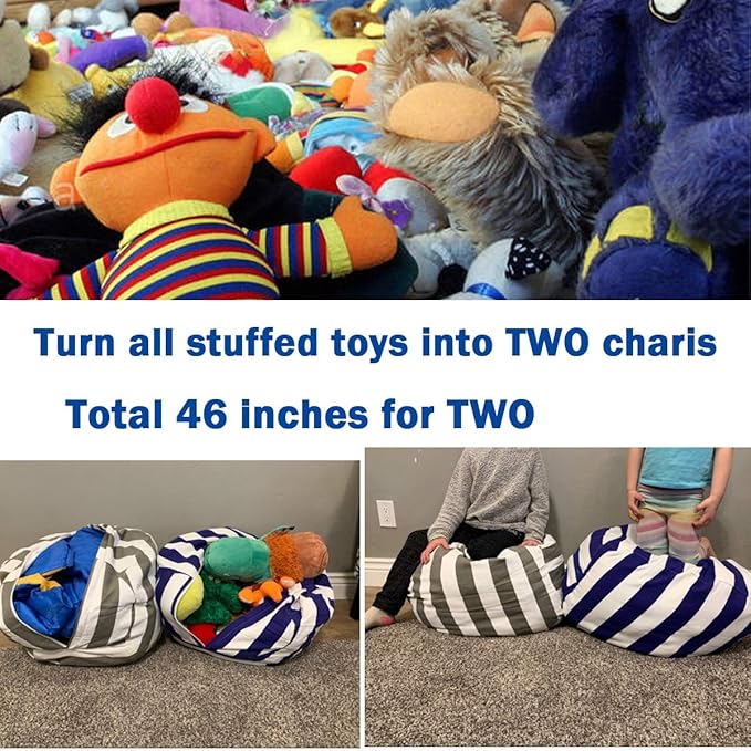 2 Packs Stuffed Animal Storage Beanbag Cover 24" Bean Bag Storage for Kids Girs Boys Room Toys Organizer Heavy-duty Zipper Bean Bag Chair Covers Only Grey Blue White Stripes Cotton Canvas