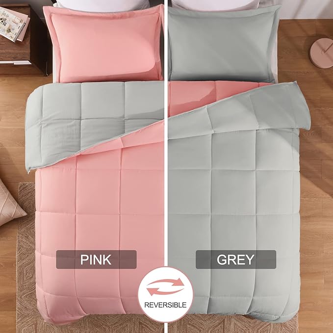 Basic Beyond Twin Comforter Set for Girls and Boys - Fluffy Twin Bed Comforter Set for All Seasons - Reversible Pink and Grey Twin Comforter Set - 2 Pieces (1 Comforter + 1 Pillow Sham)