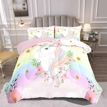 Kids Comforter Bedding Set 3 Piece Super Soft Breathable Print Kids Bedding Sets for Girls, Machine Washable Durable Comforter Set with Comforter, 2 Pillowcases Flowers Stars (Twin,Unicorn)