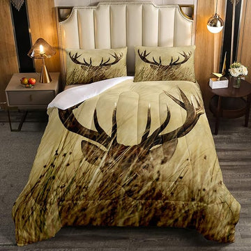 Christmas Antler Comforter Set Queen, Whitetail Deer Down Comforter, Stag Quilted Duvet, Countryside Rural Hunting Theme Comforter Set for Living Room Bedroom Decor All Season, Ultra Lightweight
