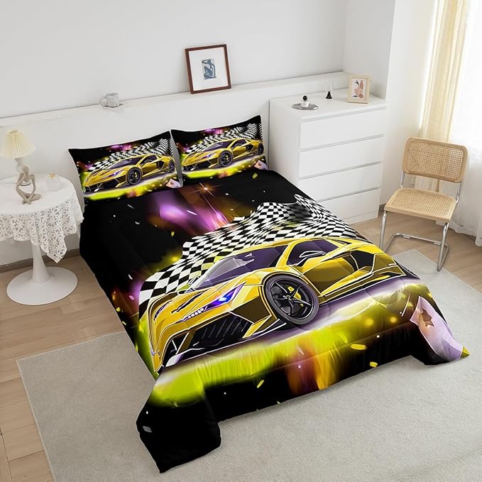 Yellow Sports Car Comforter Sets Full Size, Boys Race Car Bedding for Teens Girls Adult Extreme Speed Race Car Duvet Sets Black and White Grids Print Car Theme Bedroom Decor Quilts