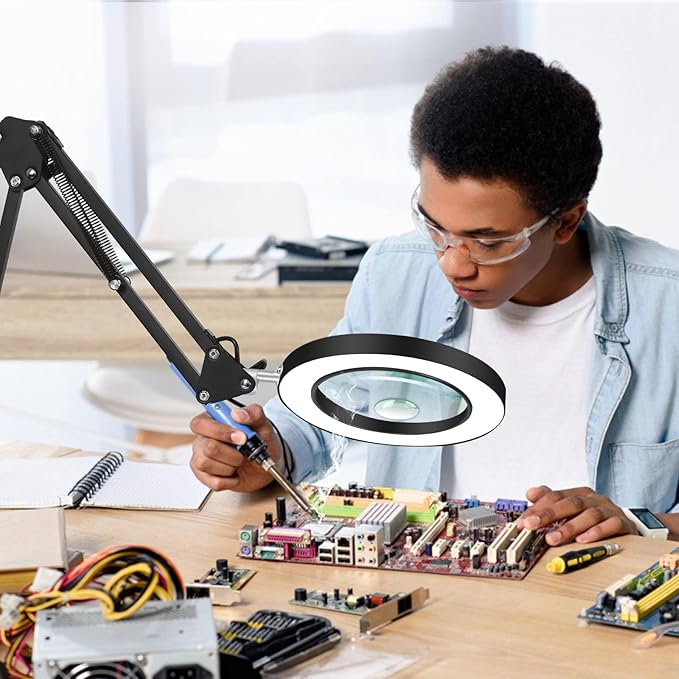 Magnifying Glass with Light and Stand,2-in-1 Lighted Magnifier Deskop lamp with Clamp,5X&10x Real Glass 3 Color Stepless Dimmable Magnifying Desk Lamp for Close Works Reading Crafts Hobby Soldering