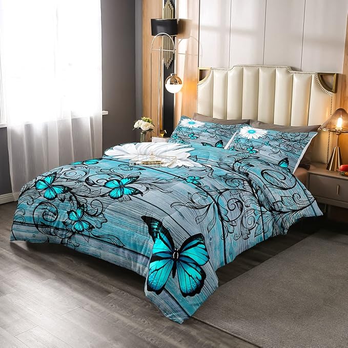 Butterfly Bedding Sets for Girls Teens Women Bedroom Rustic Flower Comforter Set,Blue Butterflies White Chic Floral Duvet Set Retro Vintage Romantic Style Quilt Set Full Size Soft Lightweight