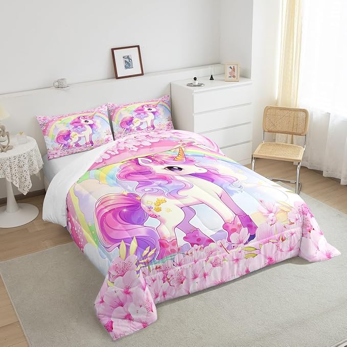 Cartoon Unicorn Kids Comforter Set Twin Size,Sakura Cherry Blossom Japanese Bedding Set,Girls Women Room Decor,Rainbow Unicorn Cute Down Comforter,Pink Purple Romantic Duvet Insert,1 Pillowcase