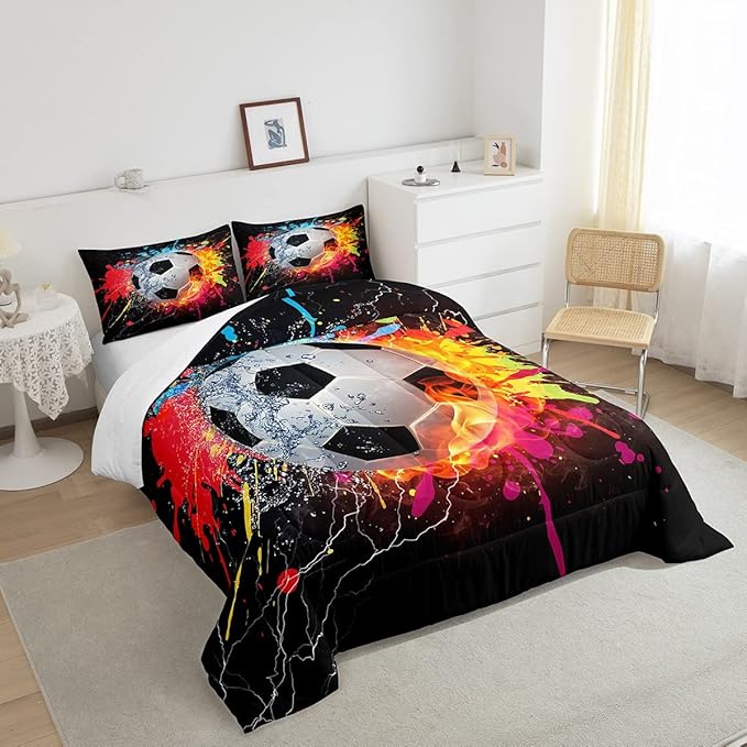 Kids Soccer King Size Comforter Set For Boys Football Sports Bedding Set Teen Colorful Grunge Hippie Tie Dye Quilt Comforter Red Blue Water Fire Lightning Duvet Insert Lightweight Bedroom Dorm Decor